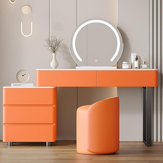 Solid Wood Vanity Desk, Modern Makeup Vanity with Drawers & Rock Slab Countertop and LED Light Mirror, Simple Dressing Table with Makeup Stool for Bedroom(Orange)