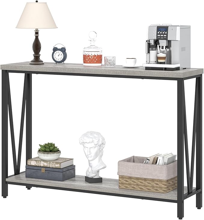 FOLUBAN Industrial Sofa Console Table, Rustic Wood and Metal Entryway Hallway Table for Living Room Entrance, 43.3 Inch Light Grey