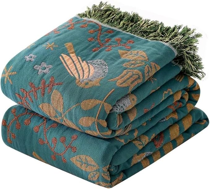Boho Throw Blanket for Bed-100% Cotton Soft Breathable Farmhouse Decor Boho Quilt for Sofa Bed (Green Floral Bird,80"x90")