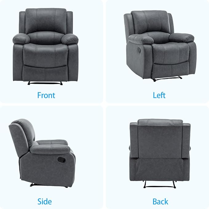 Manual Recliner Chair for Adults, Reclining Chairs, Breathable Leather Single Sofa with Adjustable Backrest, Modern Push Back Wingback Lounge Armchair for Living Room (Grey)
