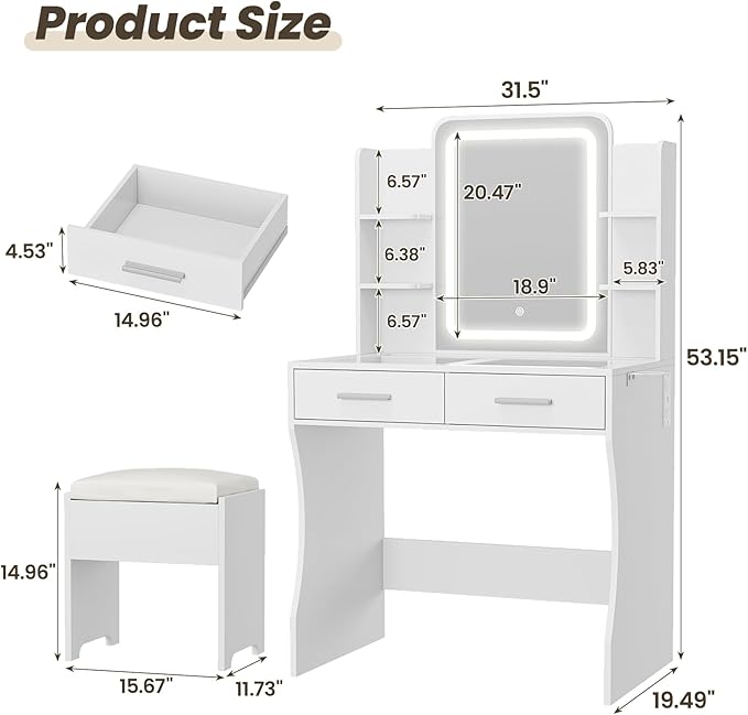 Vanity Desk with Mirror and Lights, Makeup Vanity with Glass Top & Power Strip, White Vanity with 2 Drawers for Women, 3 Lighting Modes Adjustable Brightness, Dressing Table with Stool for Bedroom