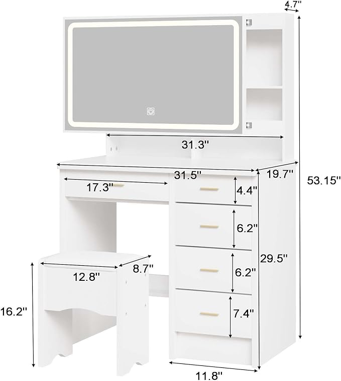 Vanity Desk with Mirror and Lights, 31.5" Makeup Vanity with Sliding Mirror and 3 Light Modes, Modern Vanity Table with 5 Drawers, Hidden and Open Storage Shelves, Makeup Desk for Bedroom, White
