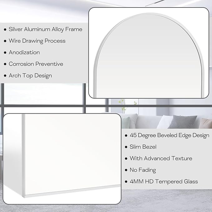 24" x 32" Silver Arched Mirror, Arch Wall Mirror, Metal Frame Black Bathroom Mirror, Arched Top Bathroom Vanity Mirror for Living Room, Bedroom, Entryway, Tempered Glass, Shatter Proof