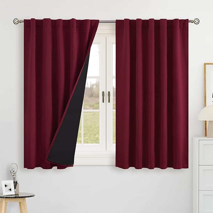 BGment 100% Blackout Curtains 40 Inch Length for Cafe, Rod Pocket and Back Tab Double Layer Thermal Insulated Full Room Darkening Bedroom Kitchen Curtains, 2 Window Panels, 42 x 40 Inch, Burgundy Red