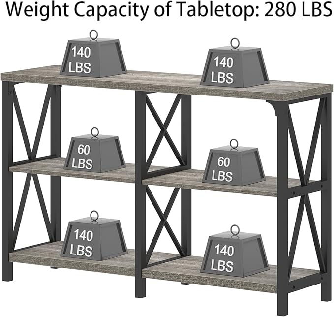 IBF Farmhouse Rustic Sofa Table, Modern Metal Wood 3 Tier Entryway Table, Industrial Console Table with Storage Shelves, Foyer Hallway Couch Table Behind Sofa for Living Room Bedroom, Grey Oak, 47 in