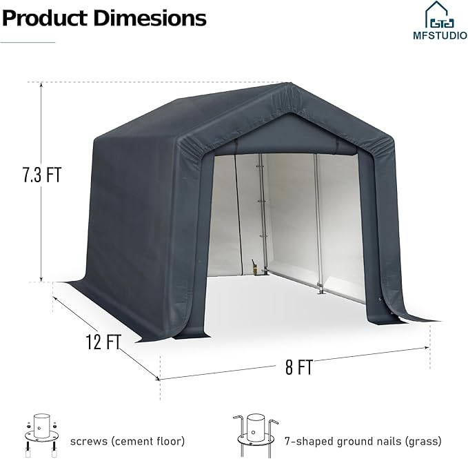 MFSTUDIO Outdoor Storage Sheds 8x12 ft, Portable Carport Shelter Garages Heavy Duty Canopy with Rolled up Zipper Doors,Outside Utility Shed Garage Tent for Motorcycle, Bicycles,Lawn mowers and Tools