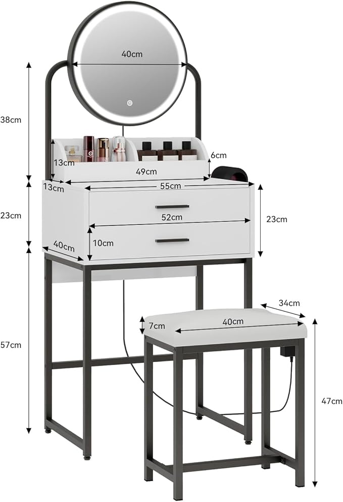 ARTETHYS Small Vanity Desk with Mirror and Lights Compact Makeup Vanity Set with Drawers for Bedroom Mini White Modern Dressing Table with Stool