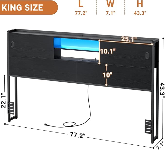 Homieasy Headboard for King Size Bed with Storage, Sturdy Bookcase Headboards with Outlet, USB & LED Light, King Size Headboard Only, Head Board with Sliding Doors & Bed Adapter for Bedroom, Black
