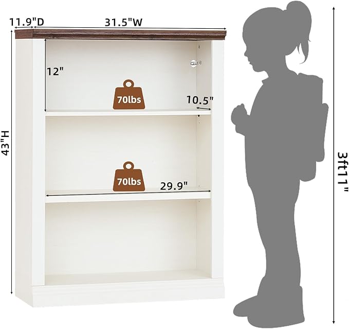 43" White Tall Bookshelf,3-Tier Thick Wooden Book Shelf with Adjustable Shelves,Free Standing Farmhouse Bookcase with Open Display Storage,Floor Vintage Bookshelves for Living Room,Office