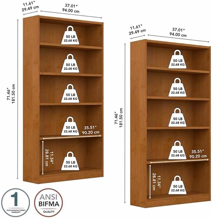 Pemberly Row Engineered Wood Tall 5 Shelf Bookcase in Natural Cherry (Set of 2)