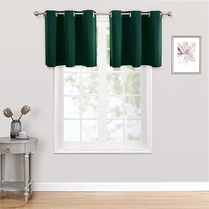 ChrisDowa Small Kitchen Valances for Windows - Grommet Short Thermal Insulated Room Darkening Window Valances Curtains for Living Room (2 Panels, Forest Green, 42 x 18 Inch)