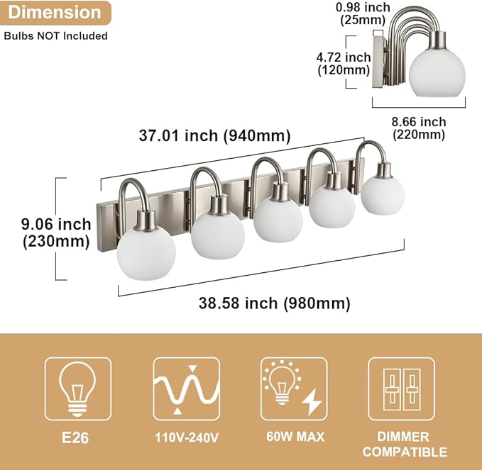 37 Inch Bathroom Light Fixtures, 5-Lights Modern Brushed Nickel Vanity Lighting with Milk White Globe Glass Shade, Bath Wall Mount Sconces for Over Mirror Kitchen