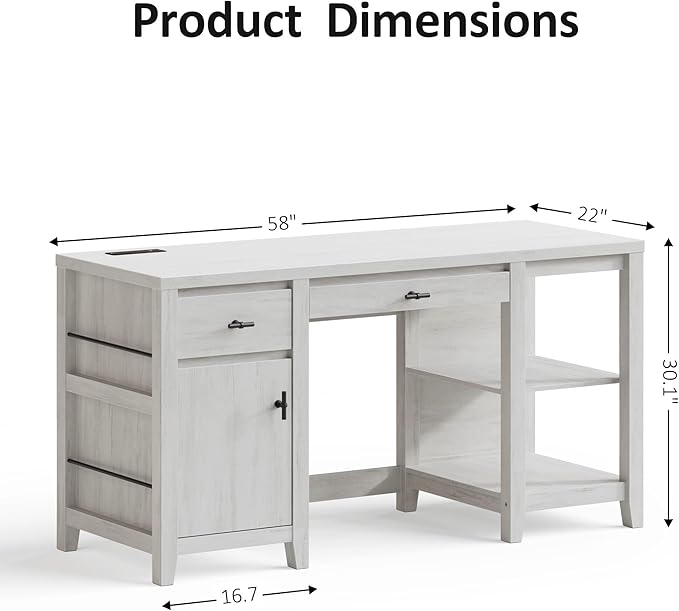 58" Executive Desk with Foldable Keyboard Tray and Charging Station, Farmhouse Wood Home Office Desk with Drawers and Magazine Rack, Large Writing Computer Desk for Home Office and Study, White