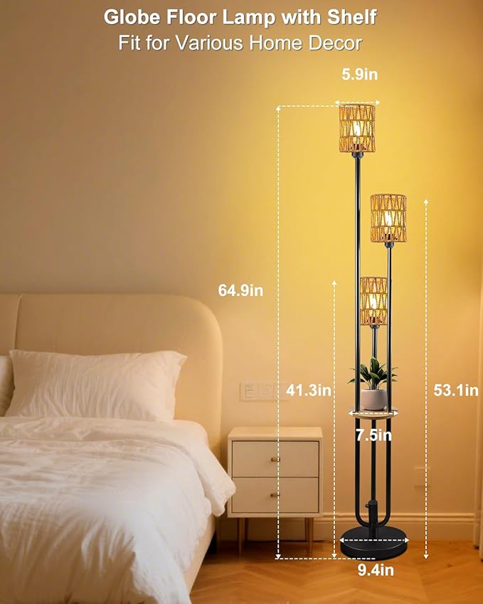Lightdot Dimmable Boho Floor Lamps for Living Room, 3-Lights Rattan Floor Lamp with Shelves, 3000K Warmwhite Candle Holder Style Farmhouse Floor Lamp, Rustic Black Standing Lamp with Bulbs Included