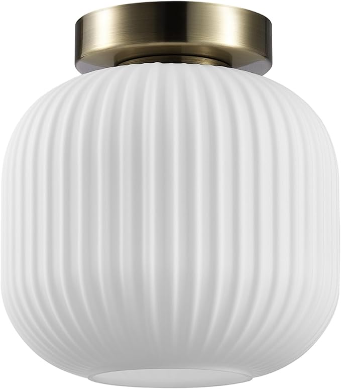 GLOBE Electric 66000079 1-Light Flush Mount Ceiling Fixture, Matte Brass, Frosted Ribbed Glass Shade, Kitchen Island Lighting, Dining Room Fixture, Modern Home Decor for Living Room