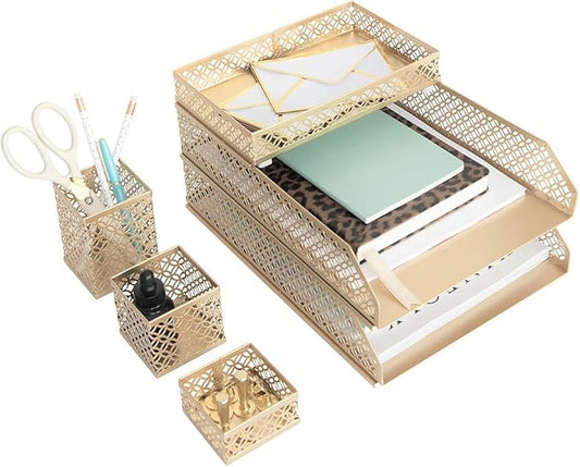 BLU MONACO Gold Desk Organizer Set for Women – 6-Piece Interlocking Office Supplies Set, Pen Cup, 3 Accessory Trays & 2 Letter Trays, Gold Paper Tray Holder