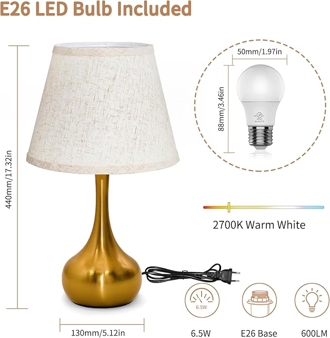 ONEWISH Touch Table Lamp Set of 2, Farmhouse 3-Way Dimmable Bedside Lamps for Nightstand with Fabric Shade, Desk Lamp for Reading, Bedroom, Livingroom, Office