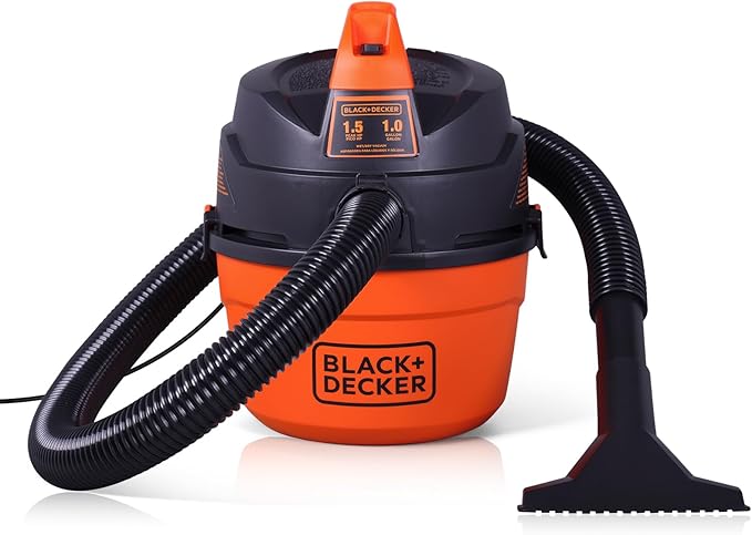 BLACK+DECKER Shop Vacuum Wet and Dry, Small Shop Vac with Accessories, 1 Gallon 1.5 Peak HP, Wall Mount Mini Vacuum for Garage, Home and Pet, 60CFM (BDXV18101P-1H)