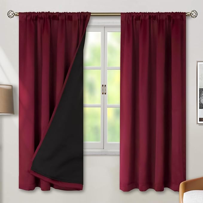 BGment Full Blackout Curtains with Insulated Lining Curtains 72 Inches Long，Rod Pocket and Back Tab Double Layer Room Darkening Window Curtain for Bedroom(42 x 72 Inch, 2 Panels, Burgundy Red)