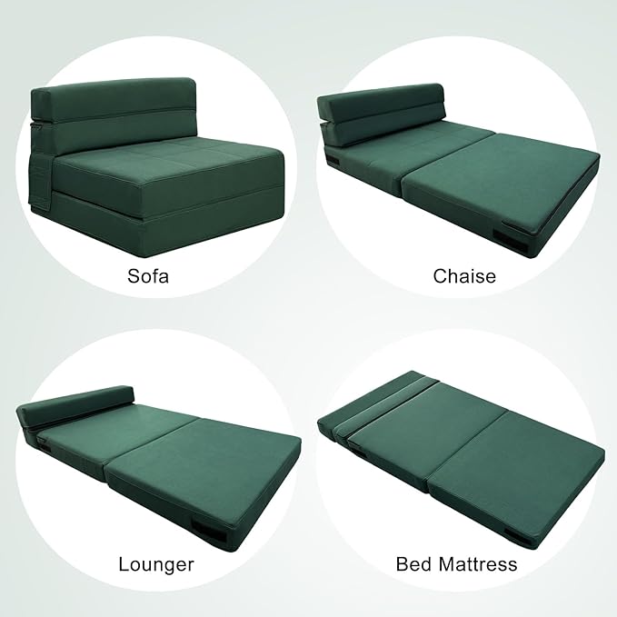 ANONER Memory Foam Fold Out Sofa Bed Couch with Pillow Twin Size Futon Sleeper Chair for Living Room Apartment, Dark Green
