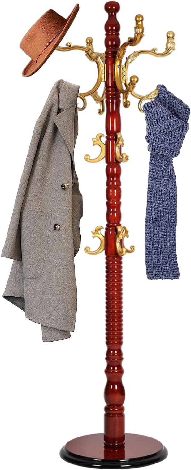 73 in Wood Coat Rack, Coat Rack Freestanding with Stable Round Base, Adjustable Height Tree Coat Racks Stand for Home Bedroom Office Hallway Entryway (Haitang color)