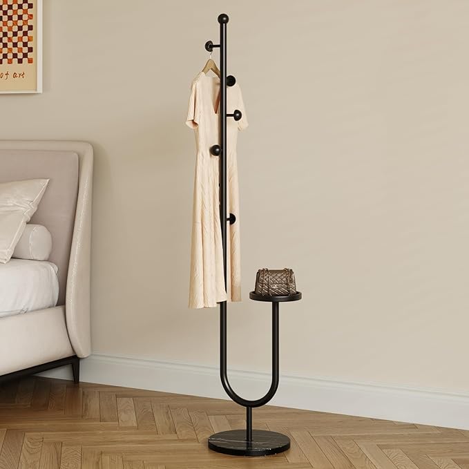 Coat Rack,Metal Free Standing Coat Stand with marble base, Hall Coat Tree with 6 Hooks and Storage Tray,68.9 Inch Tall, for Coats, Hats, Bags, for Entryway, Hallway, Bedroom (black)