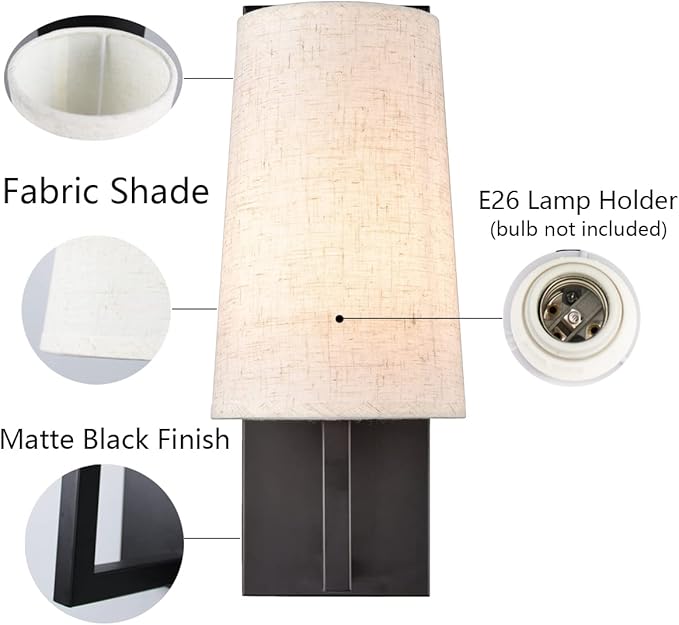 Farmhouse Black Wall Sconces Set of Two Modern Matte Black Wall Lamp with Fabric Shade for Bedroom Hallway Living Room