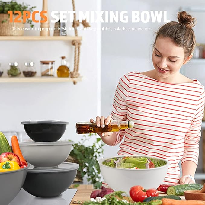 BoxedHome BPA Free Plastic Round Mixing Bowl with Lids, 12 Pack Nesting Bowls with Lids Set, Microwave and Dishwasher Safe Prep & Serving Bowls Great for Mixing, Baking, Serving (Grey, 12pcs)