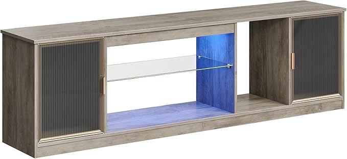 Bestier 70 inch TV Stand for TVs up to 80 Inch, LED Entertainment Center with Adjustable Glass Shelf & Translucent Doors Storage Cabinet for PS5 Xbox, Modern TV Console for Living Room, Washed Gray