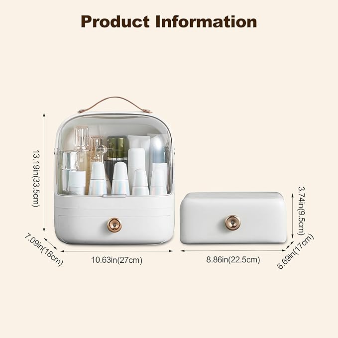 Ergocar Make Up Case Dustproof Cosmetics Skin Care Products Cosmetic Storage Box, Multi-Function Jewelry Organizer Case - White + Drawer