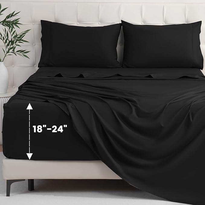 Bedlifes California King Sheet Set, Extra Deep Pocket 18-24 Inches, 1000Thread Count 100% Egyptian Cotton, Soft and Breathable 4-Piece,Black