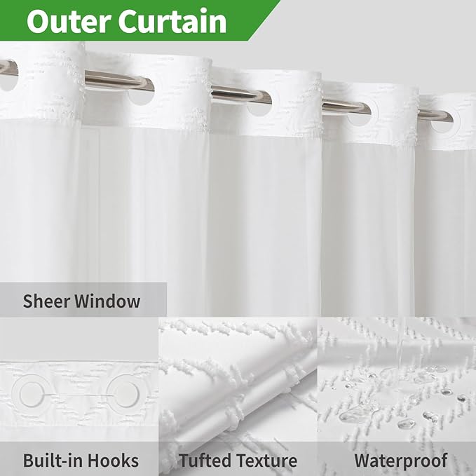 Long No Hook Tufted Chevron Striped Shower Curtain with Snap-in Fabric Liner set-71Wx80H(78H),White Hotel Grade Boho Style Shower Curtain with See Through Top Window,Water Repellent