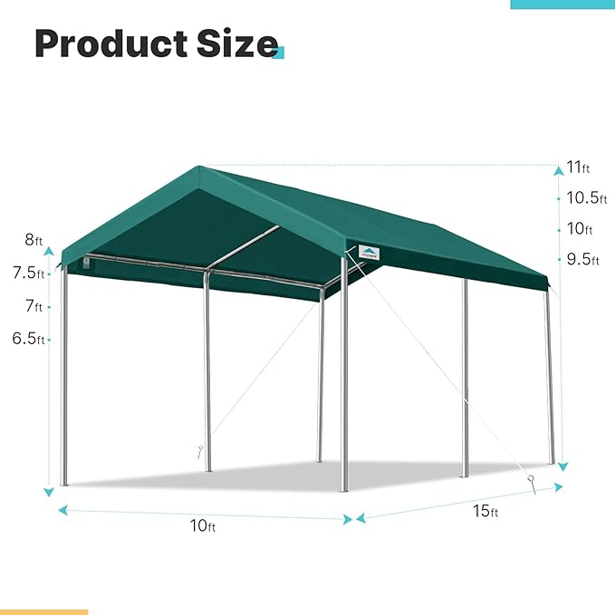 ADVANCE OUTDOOR 10x15 ft Heavy Duty Carport Potable Car Canopy Garage Party Tent Boat Shelter, Adjustable Height from 9.5 ft to 11 ft, Green