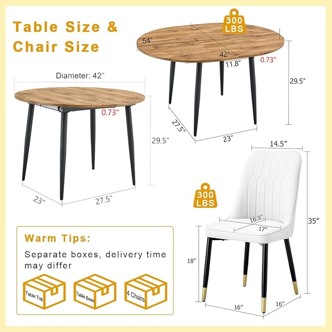 42"-54" Extendable Dining Table Set for 4, Round Dining Table Set for 4, 0.73" Thick Wood Tabletop with Smooth Edge, Black Metal Leg with Non-Slip Footmat, 4 Soft PU Chairs, for Kitchen, Small Space