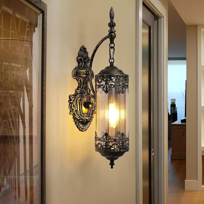 Rustic Wall Sconce with Amber Glass Mini Vintage Antique Gothic Wall Light Fixture Retro Farmhouse Mid Centry Lantern Wall Sconce for Bedroom, Hallway, Mirror, Bursh Gold, E12