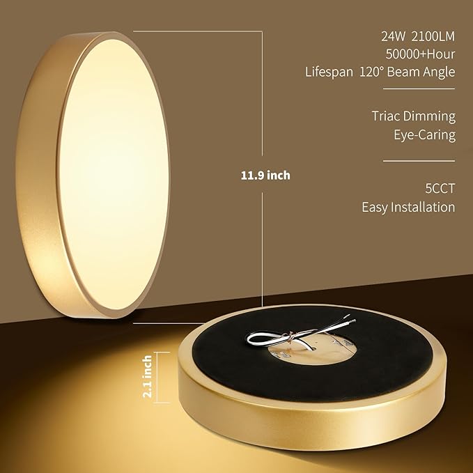 LED 12 in Round Flush Mount Ceiling Light Gold 24W 2700K-5000K,Thyristor Dimmable,Metal Gold Ceiling lamp and is Ideal for hallways,Kitchens,bedrooms, corridors,Children's Rooms 3 Pack