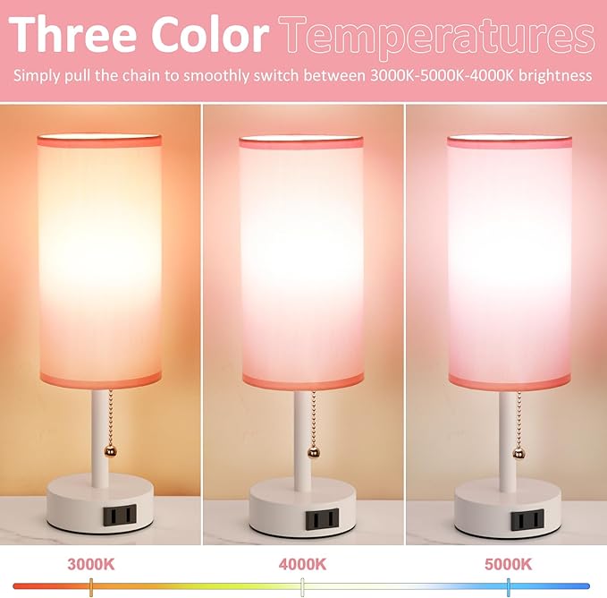 Pink Bedside Table Lamps Set of 2-3 Color Temperatures Pull Chain Lamp with AC Outlet Charging Port, Round Night Stand Lamps for Bedroom Office, Special for Girls
