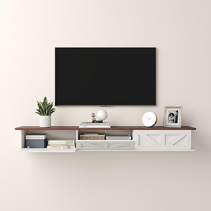 White Floating TV Stand for 43 55 65 70 inch TV, Entertainment Center Media TV Console Shelf and Storage Drawers for Wall for Living Room Bedroom (White Floating TV Stand)