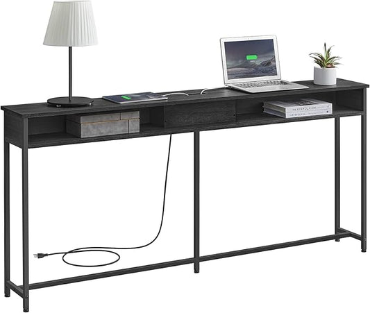 VASAGLE 70.9-Inch Console Table with Outlet and Shelves, Sofa Table with Charging Station, Behind Couch Table Skinny, Entryway Table for Hallway, Living Room, Charcoal Gray and Ink Black ULNT118B22