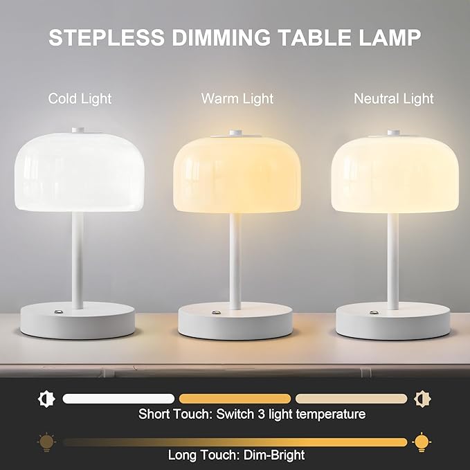 Oneach 9in Cordless LED Mushroom Table Lamp Touch 3 Way Dimmable Bedside Small Lamp Battery Operated Rechargeable Modern Nightstand Desk Lamp for Bedroom Living Room Restaurant White(2 Pack)