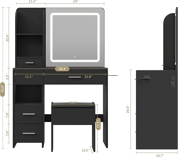 Vanity Desk with Mirror and Lights, 3 Adjustable Lighting Makeup Vanity Desk with 3 Storage Shelves, 5 Large Drawers and Power Outlet, Black Vanity with Chair for Bedroom