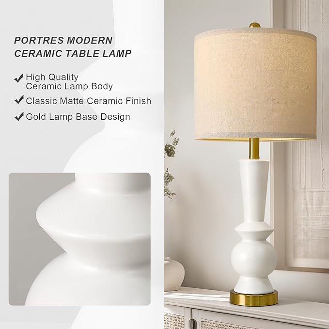 PORTRES 27" Modern Ceramic Table Lamp Set of 2 for Living Room White & Gold Bedside Lamps for Bedroom Nightstand Lamp Tall End Table Lamps