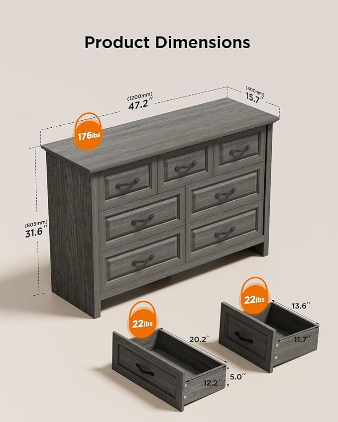 Pipishell Grey 7 Drawers Dresser for Bedroom, 47" Wide Wood Rustic Chest of Drawers with Bar Handles, Farmhouse Storage Dressers Organizer for Bedroom, Living Room, Hallway, Grey