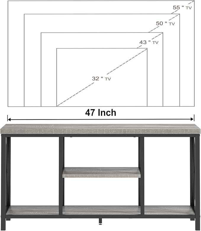 FOLUBAN Modern TV Stand for TVs up to 55 Inch, Rustic Wood Entertainment Center with Storage Shelves, Industrial Media TV Console and TV Table for Living Room Bedroom, 47 Inch Light Grey