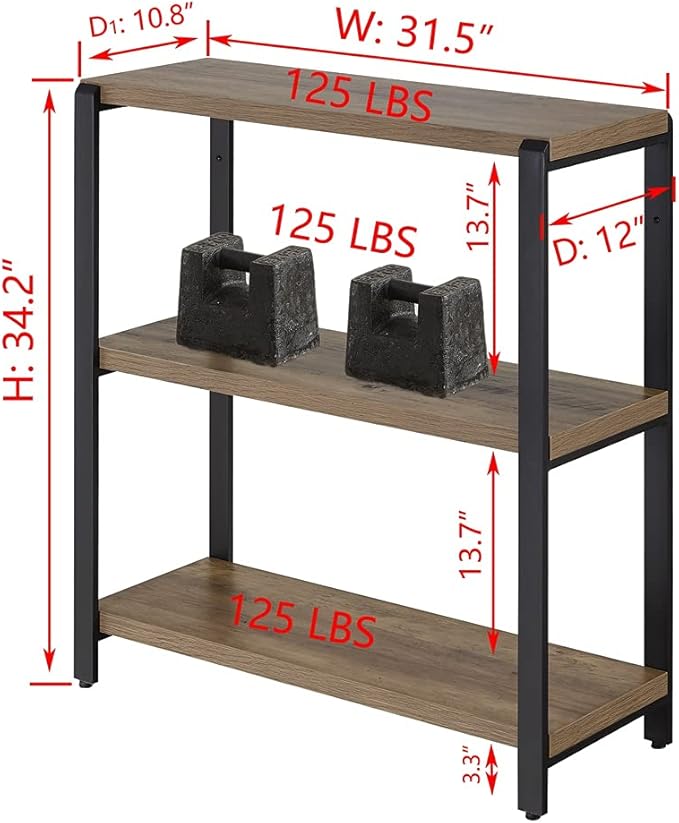 FOLUBAN 3 Tier Bookshelf, Industrial Bookcase and Book Shelves for Bedroom, Rustic Wood and Metal Book Case for Office, Oak