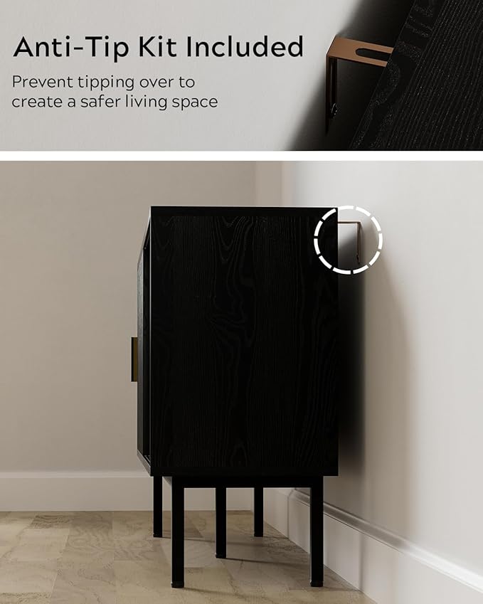 Fluted Tv Stand with Sliding Doors, 47" Mid Century Entertainment Center with Adjustable Shelf, Wooden Media TV Console with Storage Cabinet for Living Room, Black