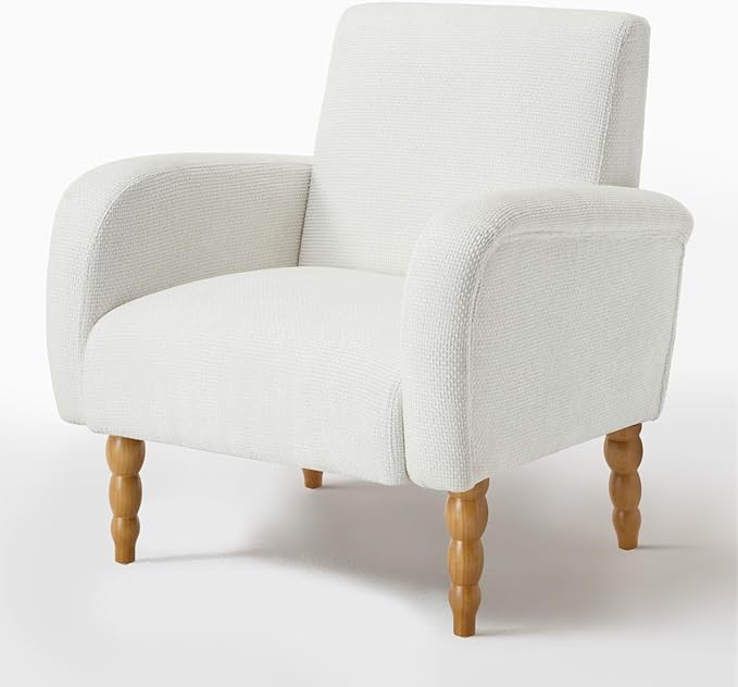 Accent Armchair Set of 1, Mid-Century Modern Living Room Chairs with Gourd-Like Shape Wooden Legs, Chenille Upholstered Single Sofa Reading Chair for Living Room Bedroom Guest Room,White