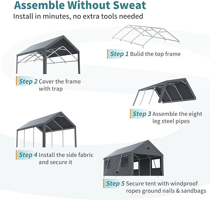 10x16FT Heavy Duty Carport Canopy,Extra Large Portable Car Tent Garage with Roll-up Windows and All-Season Tarp Cover,Removable Roof&Side Wall for Car, SUV,Boats&Truck Shelter Logic Storage