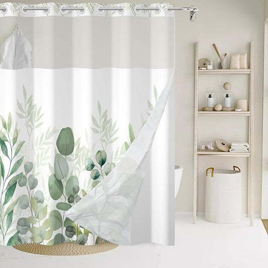 No Hook Shower Curtain with Snap in Liner, Sage Green Eucalyptus Leaf Heavy Duty See Through Window Waterproof Machine Washable Bathroom Curtain 71" W x 74" L (Pack of 1)
