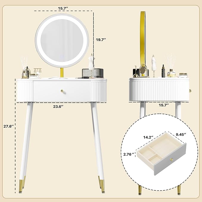 WinZo 24" Vanity Desk with Mirror and Lights, Small Makeup Vanity Table with 1 Storage Drawers, 3 Color Touch Screen Stylish Dressing Table for Small Spaces & Bedroom, White